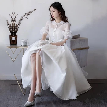 2022 Elegantiškas Aukšto Kaklo Korsetas Nuotakos Suknelės Derliaus Sluoksniuotos Rankovėmis Vestuvių Suknelės Organza-Line Korėja Fotografijos Nuotakos Suknelė