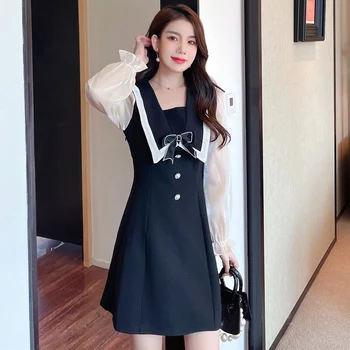 2021 M. Rudens Žiemos Naujas Temperamentas Vintage Suknelė Korėjos Moterys Saldus Lankas Spalvų Kontrastas-Line Ilgomis Rankovėmis Suknelė