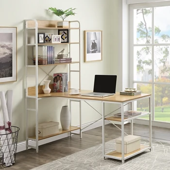 Namų Biuro kompiuterio stalas--Plieno rėmo ir MDF plokštė/5 lygio atviros knygų lentynos/Daug saugojimo vietos(Gamta)
