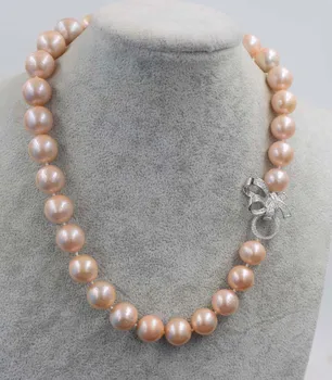 gėlavandenių perlų karoliai rožinė netoli apvalios Perlas 18inch didmeninė 12-15mm didelis dydis