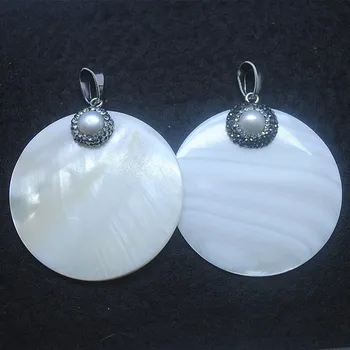 1PC pobūdžio shell pakabukas su perlu prarasti granulių moterų pendantts apvalios formos dydis 50mm baltos spalvos su kalnų krištolas
