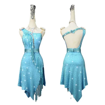 Prabanga Mėlyna Lotynų Šokių Suknelė Pakraštyje Diamond Konkurencijos Kostiumas High-End Užsakymą Suaugusiųjų Vaikų Profesinės Veiklos Drabužius