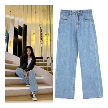 kpop Seo Taip Ji IU Lee Ji Eun streetwear didelis juosmens Mėlyna tiesūs džinsai moteriška korėjos laukinių atsitiktinis laisvi džinsai moterims, drabužiai