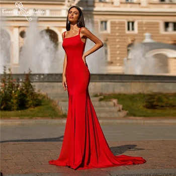 Paprasta Raudona Prom Dresses Ilgai Undinė Vakarinę Suknelę 2022 Dirželiai Užtrauktukas Atgal Valyti Traukinio Krepo Oficialią Chalatai Chalatas De Femme Soiree