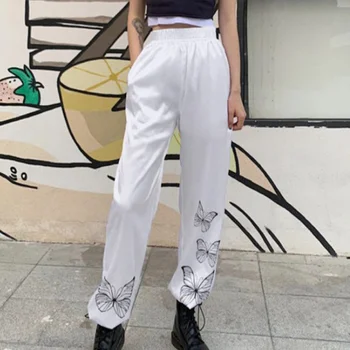 Drugelis Spausdinti Aukštos Juosmens Balta Atsitiktinis Kelnės Moterų Sweatpants Prarasti Streetwear Plonu Pieštuku Prakaito Kelnės Moterims Anglijoje Stiliaus Priklauso