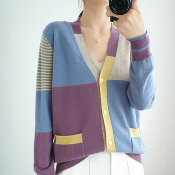 Rudenį ir žiemą naujas stilius 100% vilna mišrios spalvos V-kaklo, purus vilnos megztinis švarkas paprastųjų megzti megztinis mados minkštas