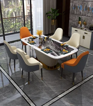 Post modernios šviesos prabangus marmuro stalas ir kėdė derinys net raudona ins italijos stačiakampio formos pietų stalas šviesos prabangūs kailiniai