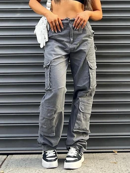 WeiYao Multi-Kišenės, Pilka Streetwear Cargo Džinsai Žemas Augimas Džinsinio audinio Kelnės Moterims Estetinės Derliaus 90s Atsitiktinis Juodos Tiesios Kelnės