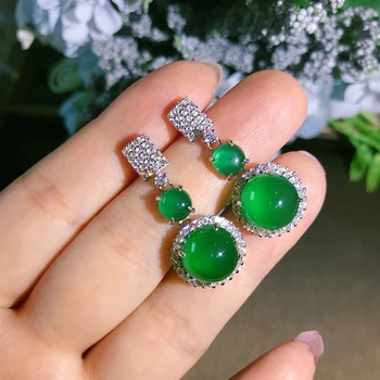 Naujas dizainas natūrali žalioji chalcedony apvalus auskarai Kinija retro permatomas pilna deimantų, putojantis žavesio ponios papuošalai