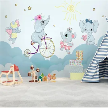 Milofi užsakymą sienų tapetai sienų medžiaga mielas animacinių filmų dramblys, važiuojant dviračiu rožinis debesis vaikų fono sienos