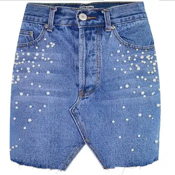 vasaros Atsitiktinis padalinta perlai džinsinio sijonai moterims paketo klubo liesas diamond mini džinsai sijonas