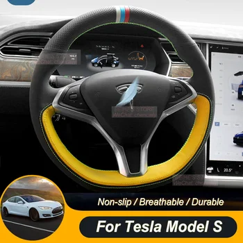 Individualų neslidus Durabl Juoda Geltona Oda Juoda Suede Automobilio Vairo Padengti Wrap Tesla Model S Modelis X