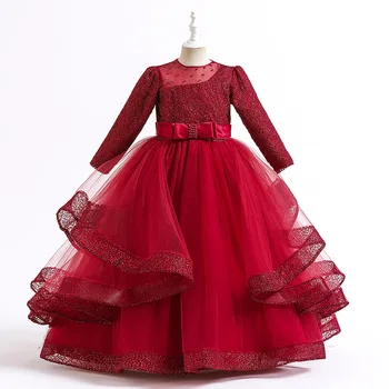 Raudona Ilgomis Rankovėmis, Uždusęs Gėlių Mergaičių Suknelės Elegantiškas Ballgown Duobute Vaikai Bridesmaid Suknelę Priėmimo Suknelė Vestidos De Novia