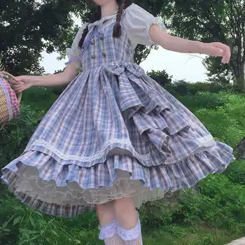 Japonijos Lolita Kasdien Lėlės Apykaklę, Trumpas Rankovėmis Lolita su Plonas Pledas Dungaree Suknelė Moterų Vasaros fairy kei lolita dress