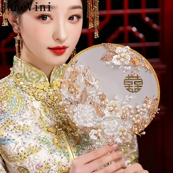 JaneVini Prabanga Aukso Perlai Kinijos Nuotakos Ventiliatorius Metalo Turas Nuotaka Vestuvių Vertus, Ventiliatorius Gėlių Puokštė Senovės Suderinta Headpieces Rinkinys