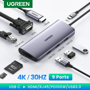 UGREEN USB C HUB 4K HDMI Adapteris USB C iki RJ45 USB 3.0 PD 100W Dock for MacBook Pro Oro M2 M1 USB-C C Tipo 3.1 Splitter USB HUB