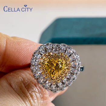 Cellacity Klasikinis 925 sterlingas sidabro žiedai moterims prabanga su širdies formos geltona brangakmenio moterų fine jewelry didmeninės dovanų
