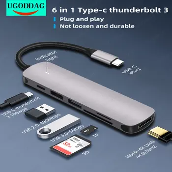 USB C Hub Multiport Adapteris 6 in 1 su 4K HDMI Išvesties SD TF USB 3.0 PD 100W Adapteris, skirtas 