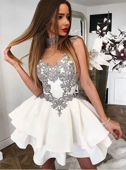 2021 Hot-Line Nėrinių Appliques Kokteilių Suknelės Baltos Trumpas Prom Dress nuo Peties Padalos Homecoming Suknelės 027