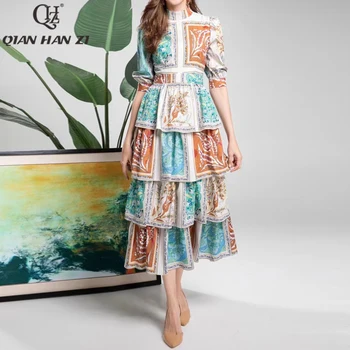 QHZ Vasaros Dizainerio Mados kilimo ir tūpimo Tako Maxi Suknelė pusė rankovės derliaus modelio spausdinimo šalies Slim Domino Pynimas Suknelė Ilga moterims