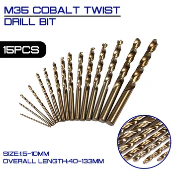 HSS-CO 1.5-10mm greitapjovio Plieno M35 Kobalto Twist Drill Bit 15vnt/set 40-133mm Ilgio Mediena, metalai Gręžimas, Aukščiausios Kokybės