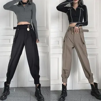 Moterų Krovinių Kelnės su Diržo Mygtuką Kišenės Mados Ins Harajuku Streetwear Haremo Kelnės Gotikos Aukštos Kokybės Plonas Kostiumas Kelnės