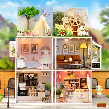 Naujas Medinis Lėlių Namas Miniatiūriniai Su Baldų Komplektas Laisvalaikio Kavos Parduotuvė Dollhouses 