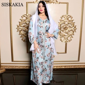 Siskakia Gėlių Hijab Suknelė Moterims 2022 Naujas Musulmonų Dubajus Turkija, Arabų Omanas Marokas Kaftan Juostelės V Kaklo Jalabiya Eid Komplektai