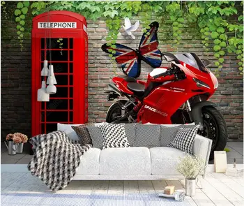 custom freskos 3d foto tapetai Raudonos telefono būdelės motociklo plytų sienos, didelė svetainė namų dekoro sienos lapus ant sienos