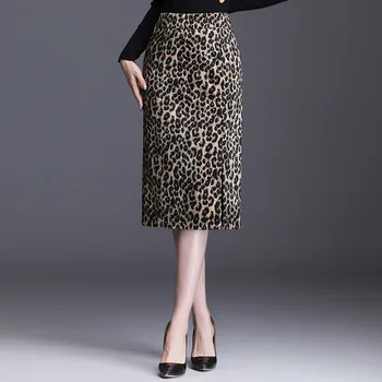 Leopard Bodycon Sijonas Rudens Žiemos Moterys Derliaus Elegantiškas Plonas Aukštos Juosmens Vidurio, ilgam Darbui, Pieštuku Sijonai Office Lady 1985